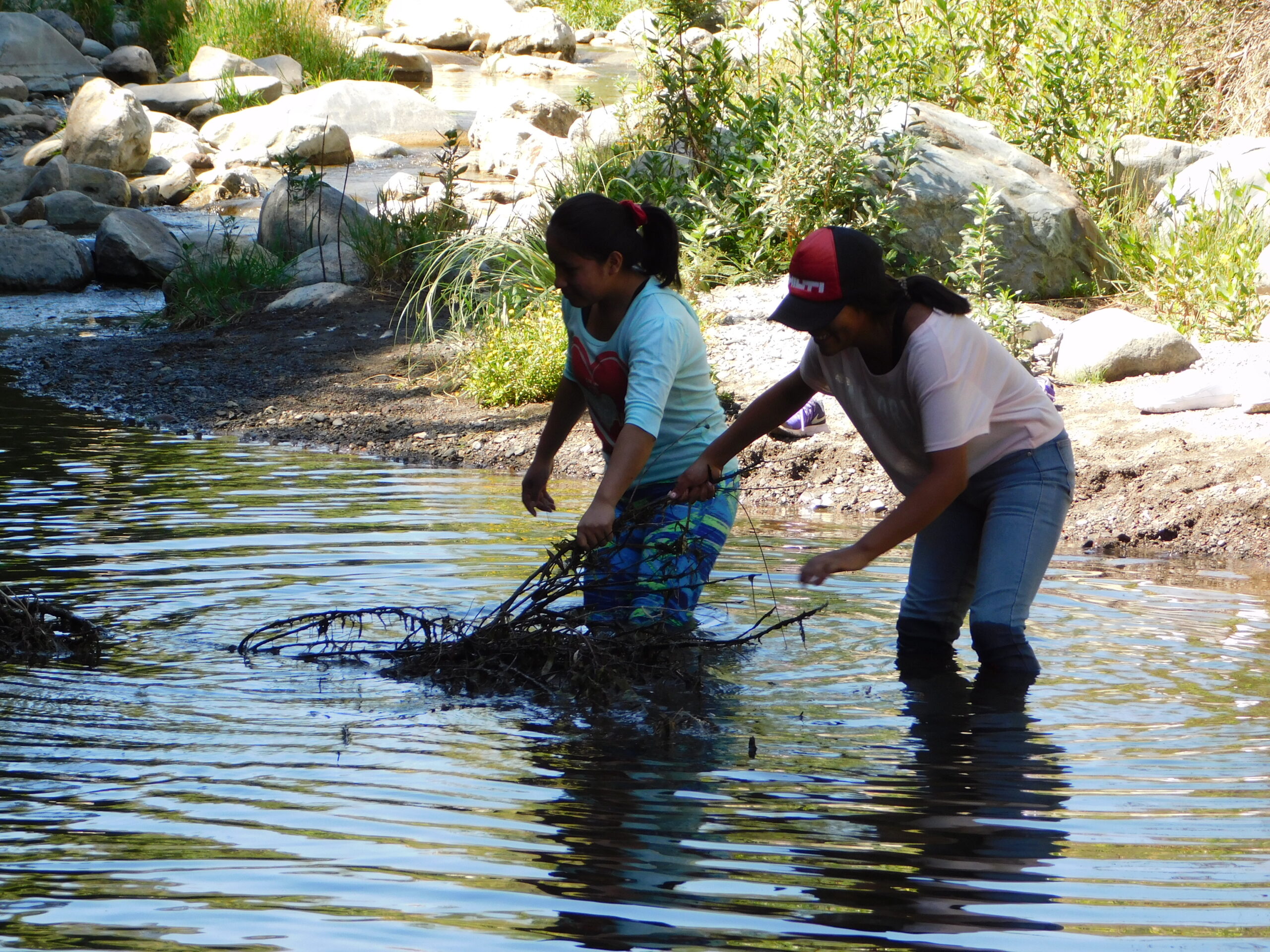 Girls exploring a river together on an outing